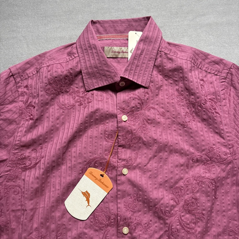 Tommy Bahama Seer Du Soleil Shirt Mens Medium Pink Silk Blend Embroidered